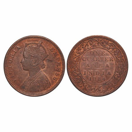 Victoria Empress, Copper, Quarter Anna, 1884, Bombay Mint, B/I, No mint mark. F. Prid 640.