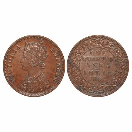 Victoria Empress, Copper, Quarter Anna, 1887, Bombay Mint, B/I, No mint mark. F. Prid 642.