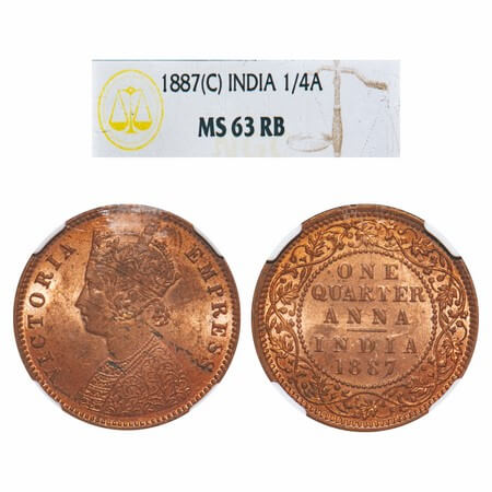 Victoria Empress, Copper, Quarter Anna, 1887, Calcutta Mint, B/II, 'C' incused. F. Prid 62