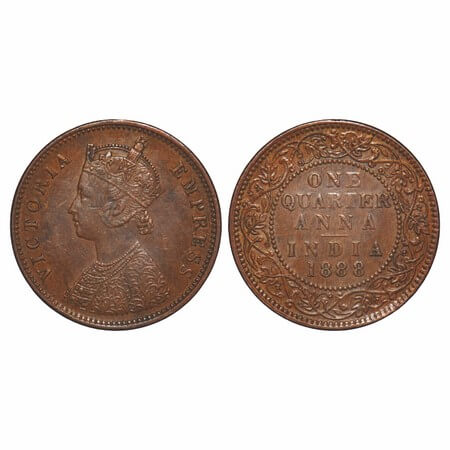 Victoria Empress, Copper, Quarter Anna, 1888, Bombay Mint, B/I, No mint mark. F. Prid 643.