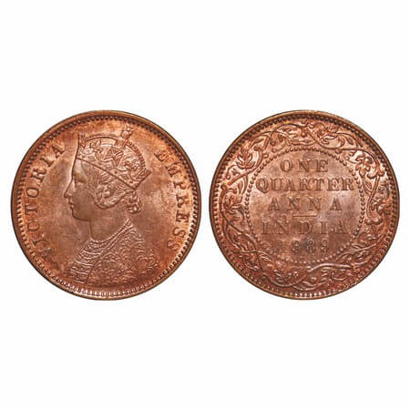 Victoria Empress, Copper, Quarter Anna, 1889, Bombay Mint, B/I, No mint mark. F. Prid 644.