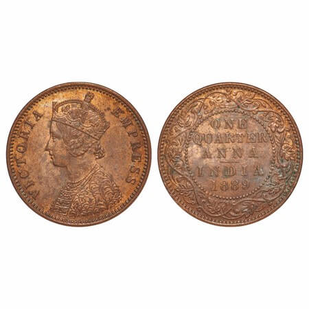Victoria Empress, Copper, Quarter Anna, 1889, Bombay Mint, B/I, No mint mark. F. Prid 644.