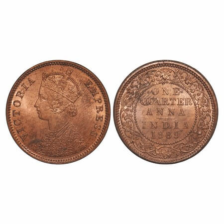 Victoria Empress, Copper, Quarter Anna, 1889, Calcutta Mint, B/II, No mint mark. F. Prid 6