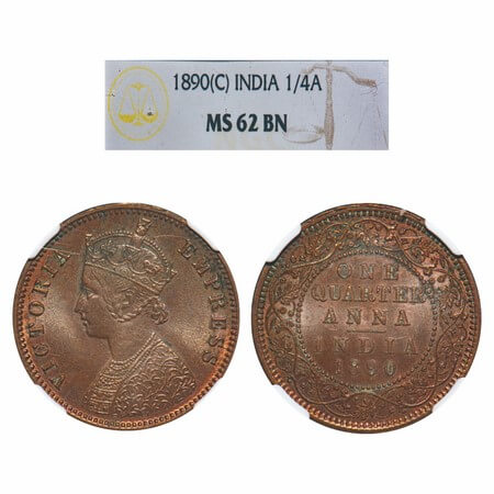 Victoria Empress, Copper, Quarter Anna, 1890, Calcutta Mint, B/II, No mint mark. F. Prid 6