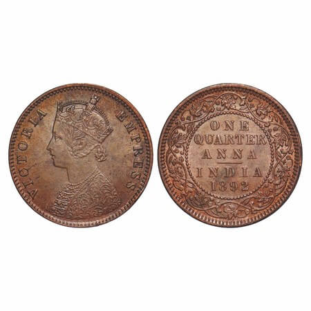 Victoria Empress, Copper, Quarter Anna, 1892, Calcutta Mint, B/II, No mint mark. F. Prid 6