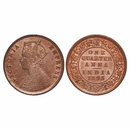 Victoria Empress, Copper, Quarter Anna, 1893, Calcutta Mint, B/II, No mint mark. F. Prid 6