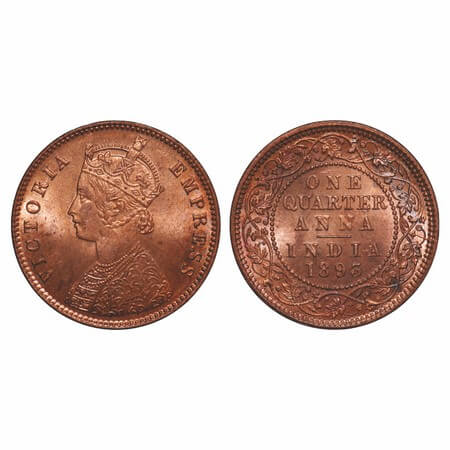 Victoria Empress, Copper, Quarter Anna, 1893, Calcutta Mint, B/II, No mint mark. F. Prid 6