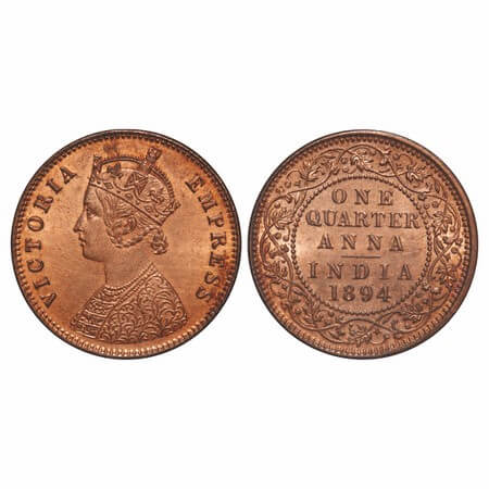 Victoria Empress, Copper, Quarter Anna, 1894, Calcutta Mint, B/II, No mint mark. F. Prid 6