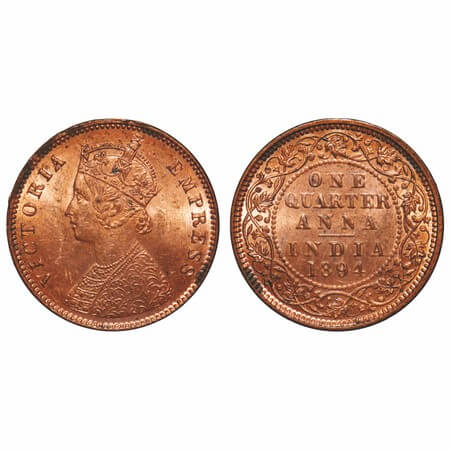 Victoria Empress, Copper, Quarter Anna, 1894, Calcutta Mint, B/II, No mint mark. F. Prid 6
