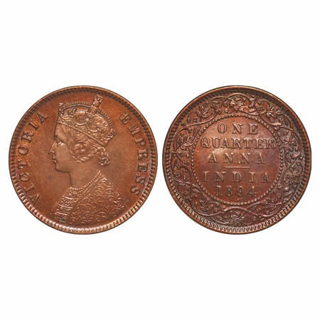 Victoria Empress, Copper, Quarter Anna, 1894, Calcutta Mint, B/II, No mint mark. F. Prid 6