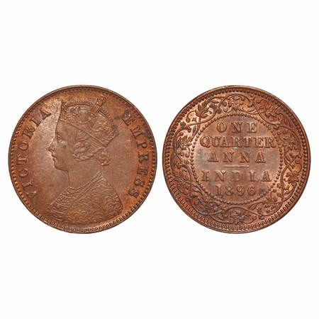Victoria Empress, Copper, Quarter Anna, 1896, Calcutta Mint, B/II, No mint mark. F. Prid 6