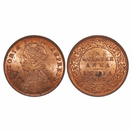 Victoria Empress, Copper, Quarter Anna, 1897, Calcutta Mint, B/II, No mint mark. F. Prid 6