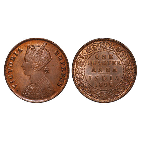 Victoria Empress, Copper, Quarter Anna, 1897, Calcutta Mint, B/II, No mint mark. F. Prid 6