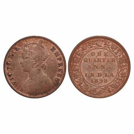 Victoria Empress, Copper, Quarter Anna, 1898, Calcutta Mint, B/II, No mint mark. F. Prid 6