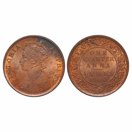 Victoria Empress, Copper, Quarter Anna, 1900, Calcutta Mint, B/II, No mint mark. F. Prid 6