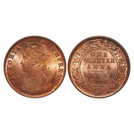 Victoria Empress, Copper, Quarter Anna, 1901, Calcutta Mint, B/II, No mint mark. F. Prid 6