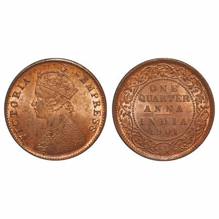 Victoria Empress, Copper, Quarter Anna, 1901, Calcutta Mint, B/II, No mint mark, Die crack