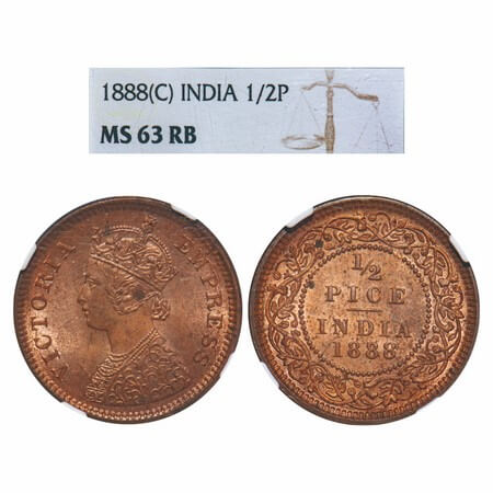 Victoria Empress, Copper, 1/2 Pice, 1888, Calcutta Mint, A/I, No mint mark. F. Prid 720. G