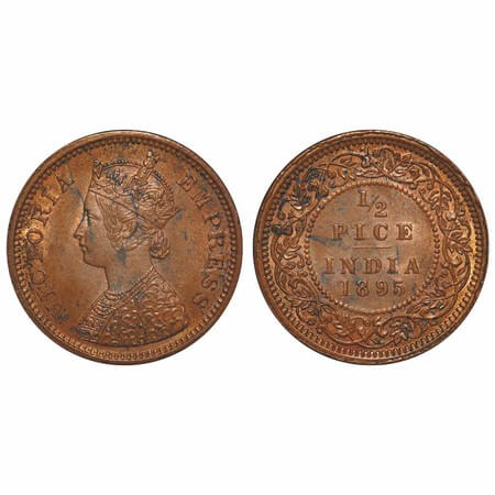 Victoria Empress, Copper, 1/2 Pice, 1895, Calcutta Mint, A/I, No mint mark. F. Prid 728. G