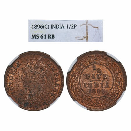 Victoria Empress, Copper, 1/2 Pice, 1896, Calcutta Mint, A/I, No mint mark. F. Prid 729. G