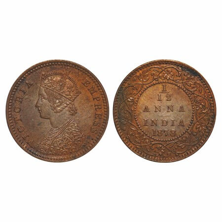 Victoria Empress, Copper, 1/12 Anna, 1878, Calcutta Mint, Obv B, No mint mark. F. Prid 787