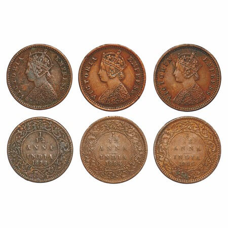 Victoria empress, Copper, 1/12 Anna, (3 coins), 1) 1878, Calcutta Mint, Obv B, No mint mar