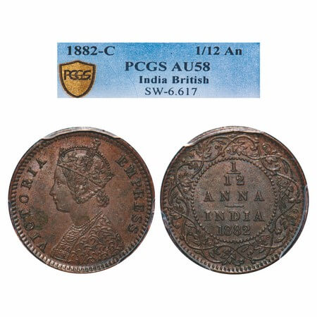 Victoria Empress, Copper, 1/12 Anna, 1882, Calcutta Mint, 'C' incused, Obv B. F. Prid 788.