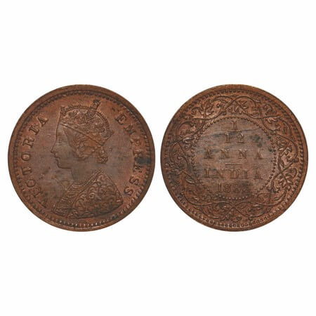 Victoria Empress, Copper, 1/12 Anna, 1883, Bombay Mint, Obv A, No mint mark. F. Prid 811. 