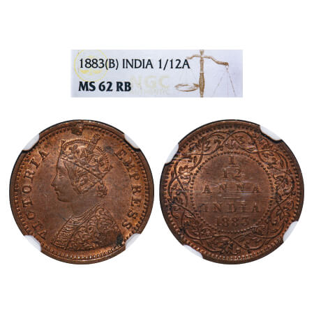 Victoria Empress, Copper, 1/12 Anna, 1883, Bombay Mint, Obv A, No mint mark, Planchet flaw