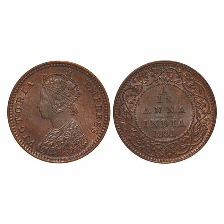 Victoria Empress, Copper, 1/12 Anna, 1891, Calcutta Mint, Obv B, No mint mark. F. Prid 796