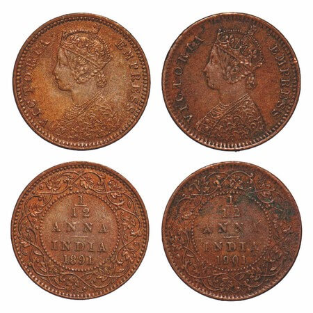 Victoria Empress, Copper, 1/12 Anna, (2 coins), 1891, 1901, Calcutta Mint, Obv B, No mint