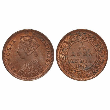 Victoria Empress, Copper, 1/12 Anna, 1892, Calcutta Mint, Obv B, No mint mark, Die crack o