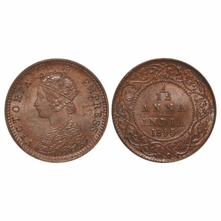 Victoria Empress, Copper, 1/12 Anna, 1895, Calcutta Mint, Obv B, No mint mark, Die crack o