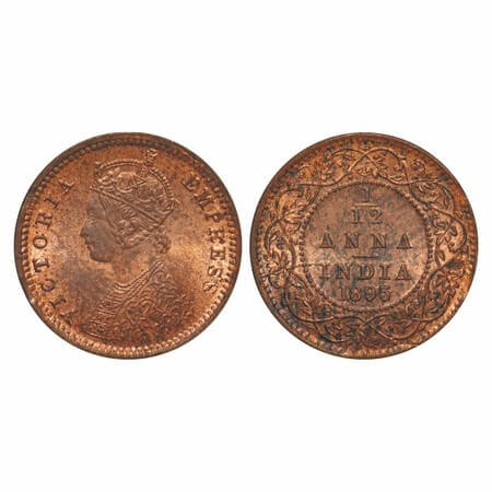 Victoria Empress, Copper, 1/12 Anna, 1895, Calcutta Mint, Obv B, No mint mark, Die crack o