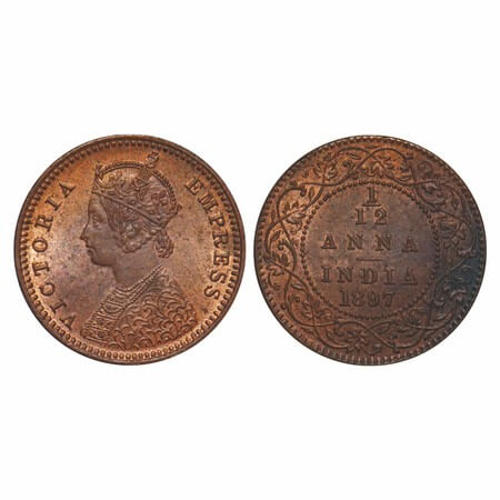 Victoria Empress, Copper, 1/12 Anna, 1897, Calcutta Mint, Obv B, No mint mark, Ghost on Re