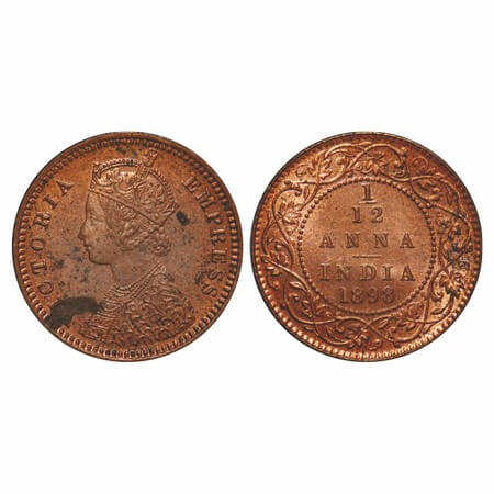 Victoria Empress, Copper, 1/12 Anna, 1898, Calcutta Mint, Obv B, No mint mark. F. Prid 803