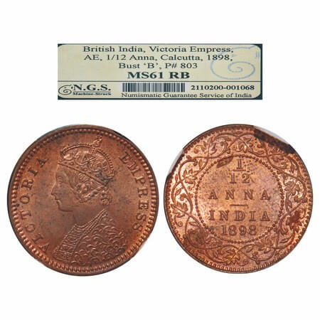 Victoria Empress, Copper, 1/12 Anna, 1898, Calcutta Mint, Obv B, No mint mark. F. Prid 803