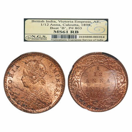 Victoria Empress, Copper, 1/12 Anna, 1898, Calcutta Mint, Obv B, No mint mark. F. Prid 803
