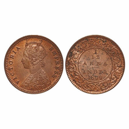Victoria Empress, Copper, 1/12 Anna, 1899, Calcutta Mint, Obv B, No mint mark. F. Prid 804