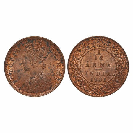 Victoria Empress, Copper, 1/12 Anna, 1901, Calcutta Mint, Obv B, No mint mark. F. Prid 805