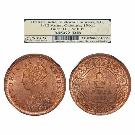 Victoria Empress, Copper, 1/12 Anna, 1901, Calcutta Mint, Obv B, No mint mark. F. Prid 805