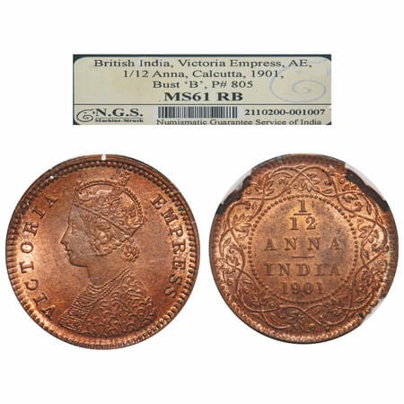 Victoria Empress, Copper, 1/12 Anna, 1901, Calcutta Mint, Obv B, No mint mark. F. Prid 805
