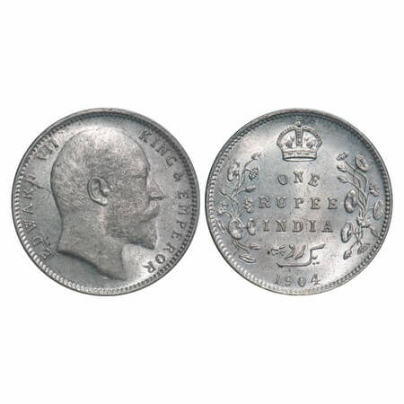 Edward VII, Silver, Rupee, 1904, Calcutta Mint, No mint mark, Normal 5 Diamonds, Die crack