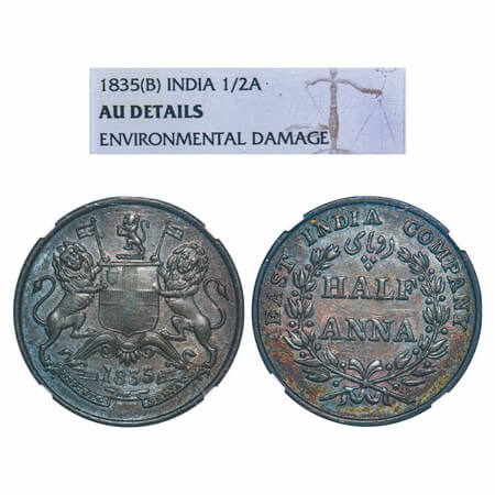 William IV, Copper, Half Anna, 1835, Bombay Mint, Wreath with 20 Berries (10L + 10R). F. P