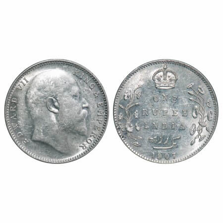 Edward VII, Silver, Rupee, 1907, Bombay Mint, 'B' incused and dot, Narrow numeral 7. F. Pr