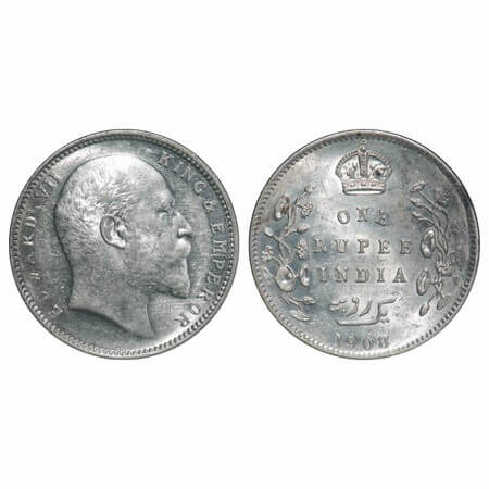 Edward VII, Silver, Rupee, 1908, Calcutta Mint, No mint mark. F. Prid 194. GK 946. Uncircu