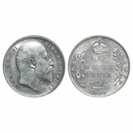 Edward VII, Silver, Rupee, 1908, Bombay Mint, 'B' incused and dot. F. Prid 204. GK 948. Un
