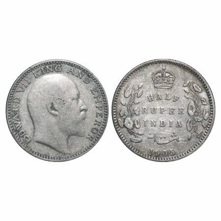 Edward VII, Silver, Half Rupee, 1905, Calcutta Mint, No mint mark. F. Prid unlisted. GK 96