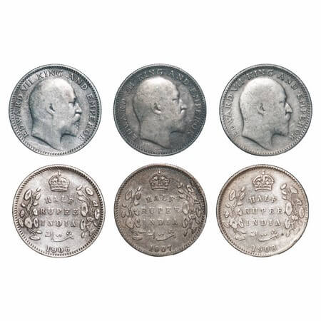 Edward VII, Silver, Half Rupee, (3 coins), 1906, 1907, 1908, Calcutta Mint, No mint mark. 