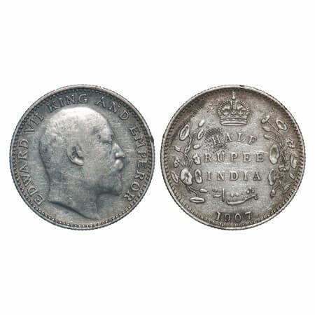 Edward VII, Silver, Half Rupee, 1907, Bombay Mint, 'B' incused and dot. F. Prid 316. GK 96